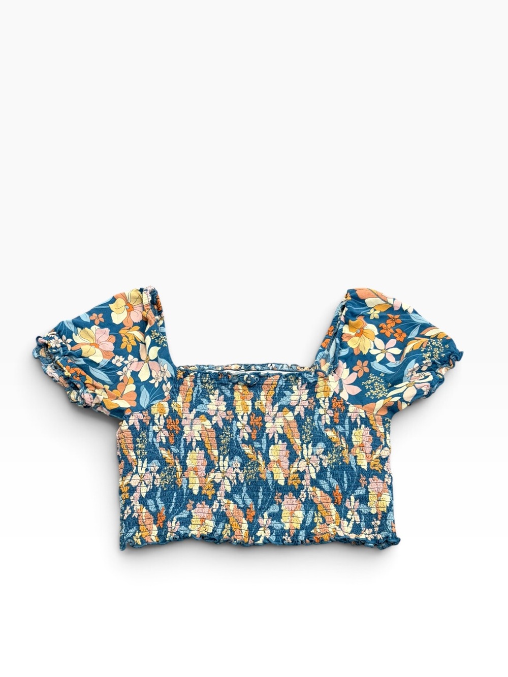 Aerie Blue Floral Cropped Smocked Crop Cottagecore Top Size Medium